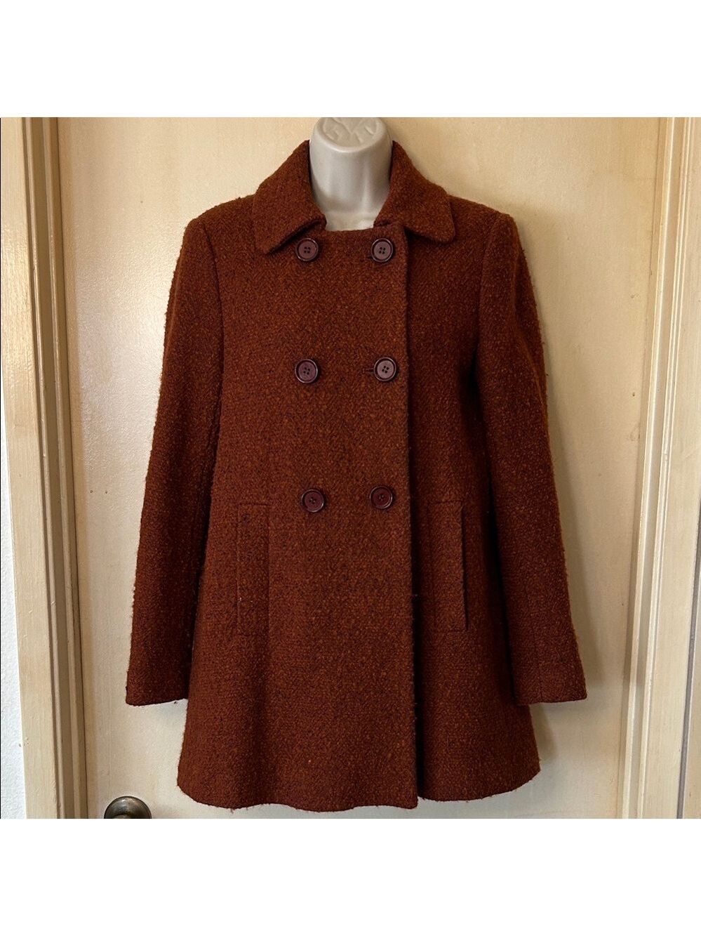 Zara Rust Brown Double-Breasted Boucle Pea Coat size S